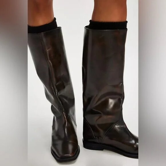 Free People Leather Like Lightning Tall Riding Boots Black/Brown Size 9 - Picture 1 of 11